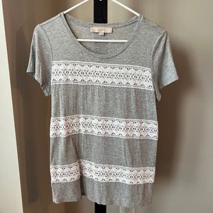 LOFT Lace Stripe Gray Short Sleeve T-Shirt - S